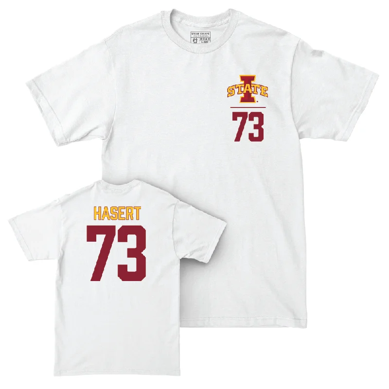 Custom Football Jerseys For College Sports-Iowa State Football White Logo Comfort Colors Tee  - Deylin Hasert