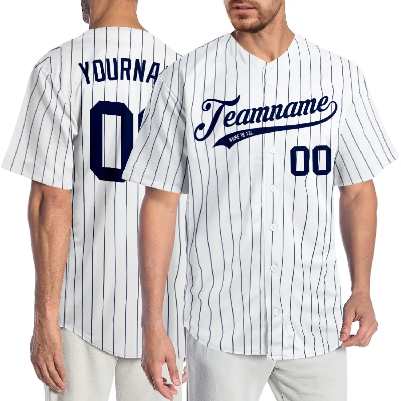 Personalized Baseball Jerseys For Birthday Gifts-Custom White Navy Pinstripe Navy Authentic Baseball Jersey