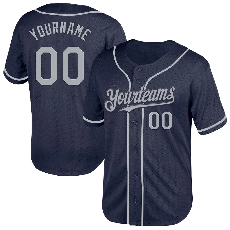 Personalized Baseball Jerseys With Custom Numbers-Custom Navy Gray Mesh Authentic Throwback Baseball Jersey