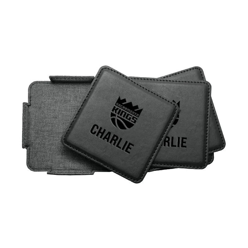 Team Mugs With Motivational Designs-Sacramento Kings Personalized 4 Pack Leather Coaster