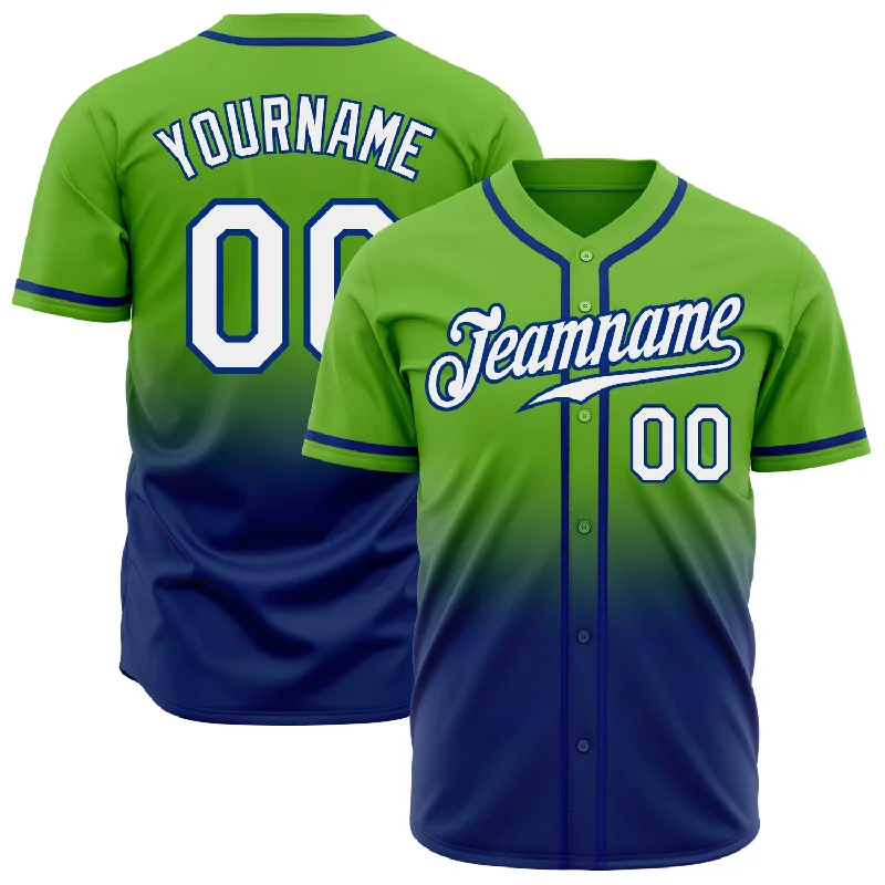 Unique Baseball Jerseys With Custom Features-Custom Neon Green White-Royal Authentic Fade Fashion Baseball Jersey