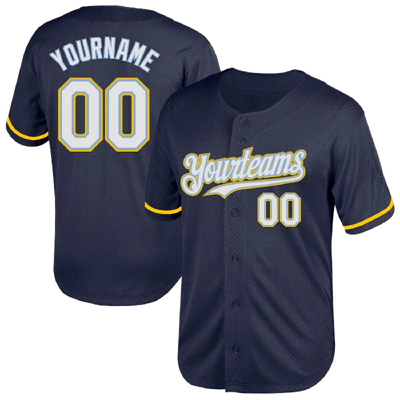 Custom Baseball Jerseys With Text And Logos-Custom Navy Light Blue-Yellow Mesh Authentic Throwback Baseball Jersey