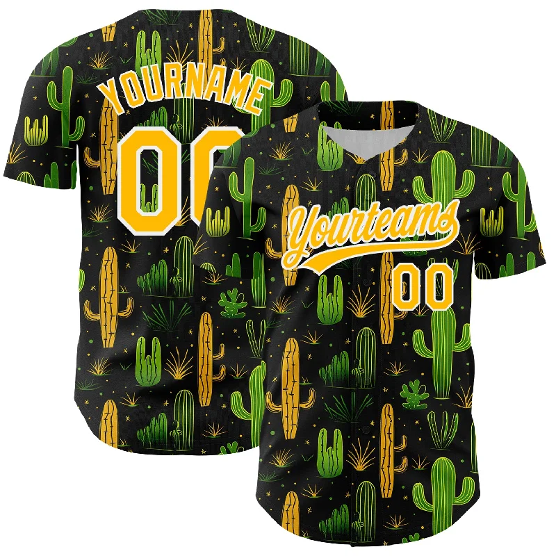 Personalized Baseball Jerseys For Birthday Gifts-Custom Black Gold-White 3D Pattern Design Cactus Festival Authentic Baseball Jersey