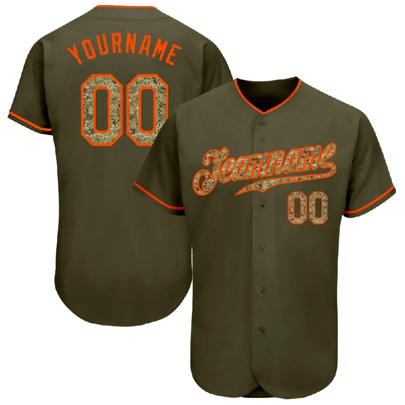 Personalized Baseball Jerseys For Alumni Games-Custom Olive Camo-Orange Authentic Salute To Service Baseball Jersey