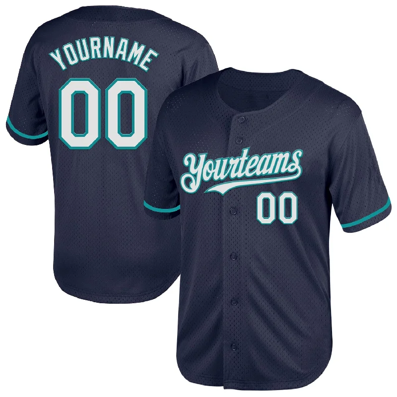 Baseball Jerseys For School Spirit Events-Custom Navy White-Teal Mesh Authentic Throwback Baseball Jersey