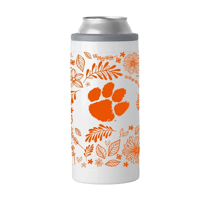 Custom Sports Mugs-Clemson 12oz Botanical Slim Can Coolie