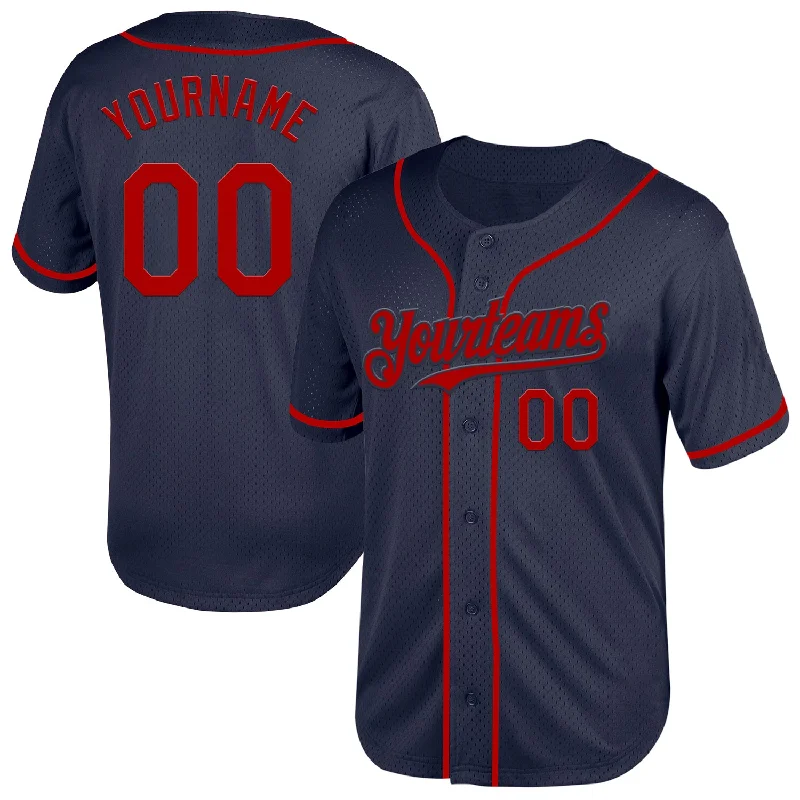 Team Baseball Jerseys-Custom Navy Red Mesh Authentic Throwback Baseball Jersey