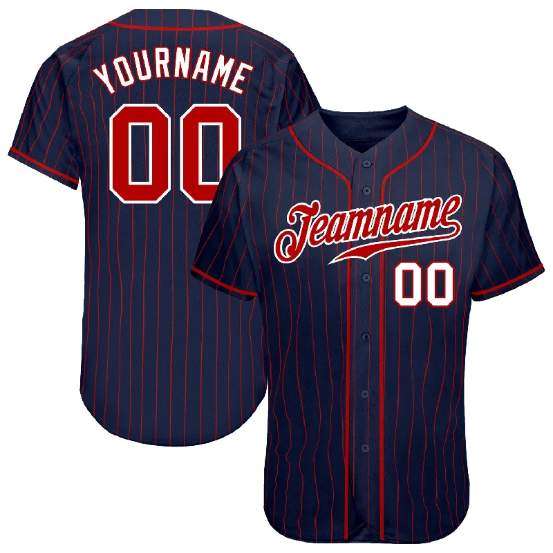 Baseball Jerseys With Custom Fit-Custom Navy Red Pinstripe Red-White Authentic Baseball Jersey