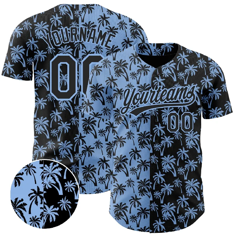 Youth Baseball Jerseys With Custom Names-Custom Light Blue Black 3D Pattern Design Tropical Hawaii Palm Trees Authentic Baseball Jersey