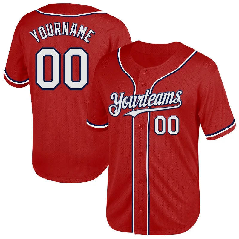 Baseball Jerseys With Player Numbers-Custom Red White-Navy Mesh Authentic Throwback Baseball Jersey