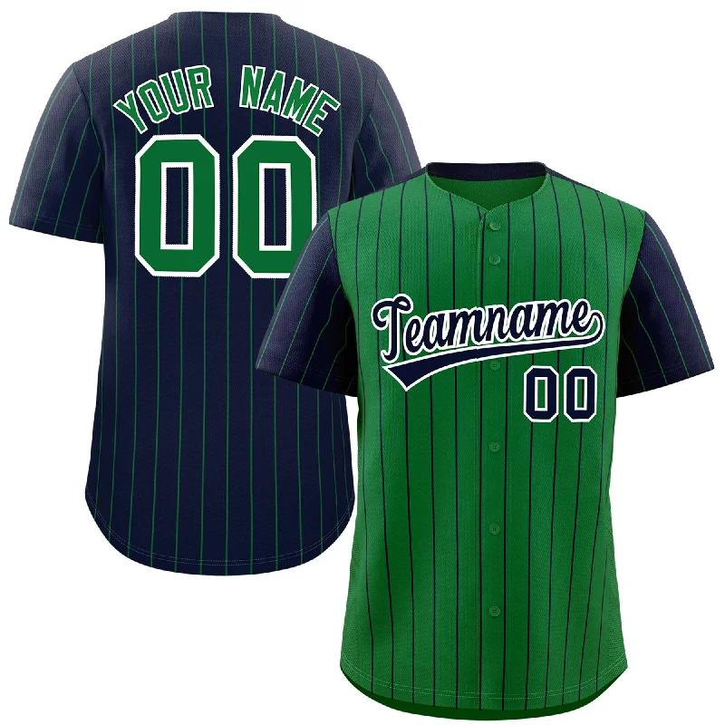 Custom Baseball Jerseys With Player Photos-Custom Kelly Green Navy Pinstripe Personalized Raglan Sleeves Authentic Baseball Jersey