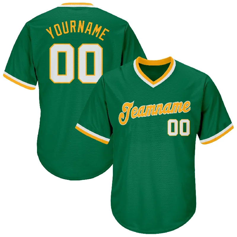 Baseball Jerseys For School Sports Teams-Custom Kelly Green White-Gold Authentic Throwback Rib-Knit Baseball Jersey Shirt