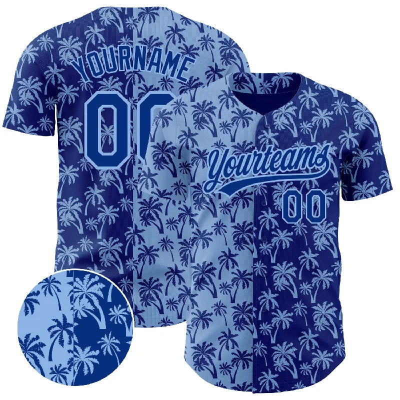 Custom Baseball Jerseys For Sports Clubs-Custom Light Blue Royal 3D Pattern Design Tropical Hawaii Palm Trees Authentic Baseball Jersey