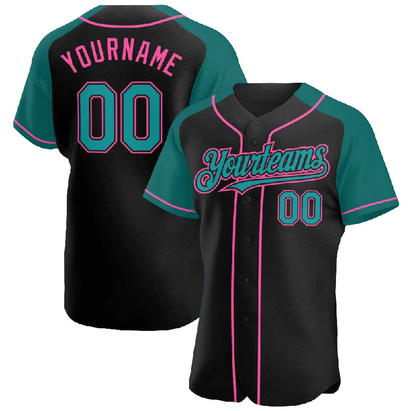 Personalized Baseball Jerseys With Unique Designs-Custom Black Teal-Pink Authentic Raglan Sleeves Baseball Jersey