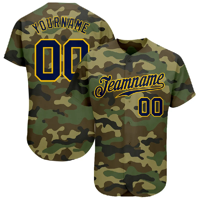 Custom Baseball Jerseys With Vintage Graphics-Custom Camo Navy-Gold Authentic Salute To Service Baseball Jersey