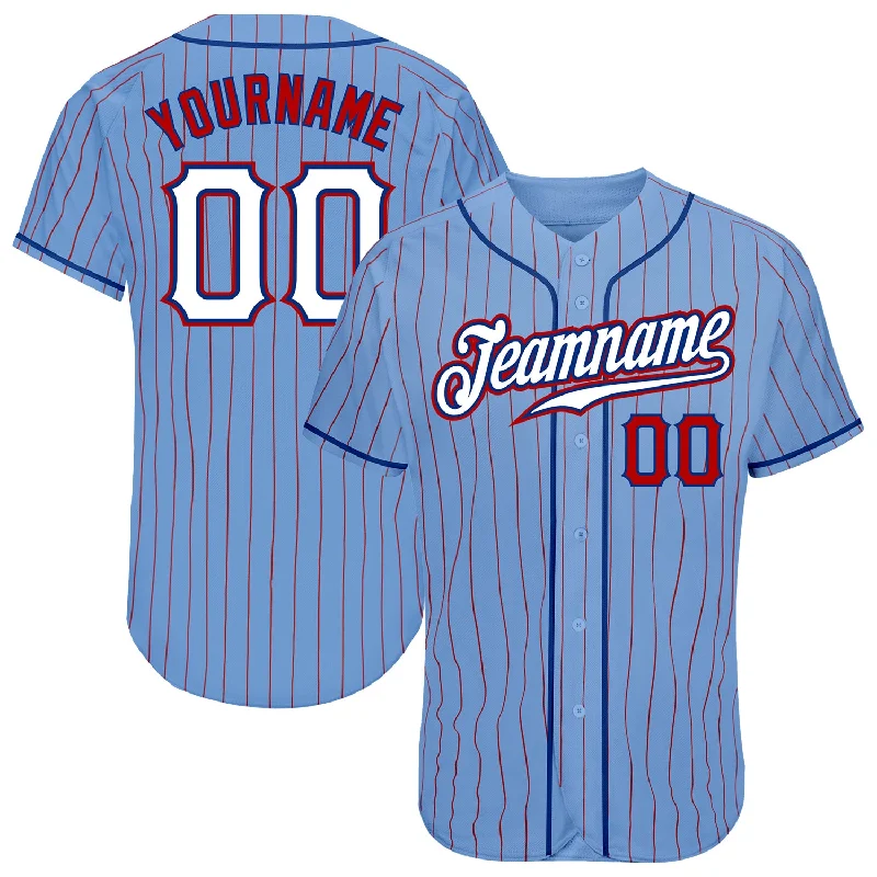 Women’s Baseball Jerseys-Custom Light Blue Red Pinstripe White-Royal Authentic Baseball Jersey