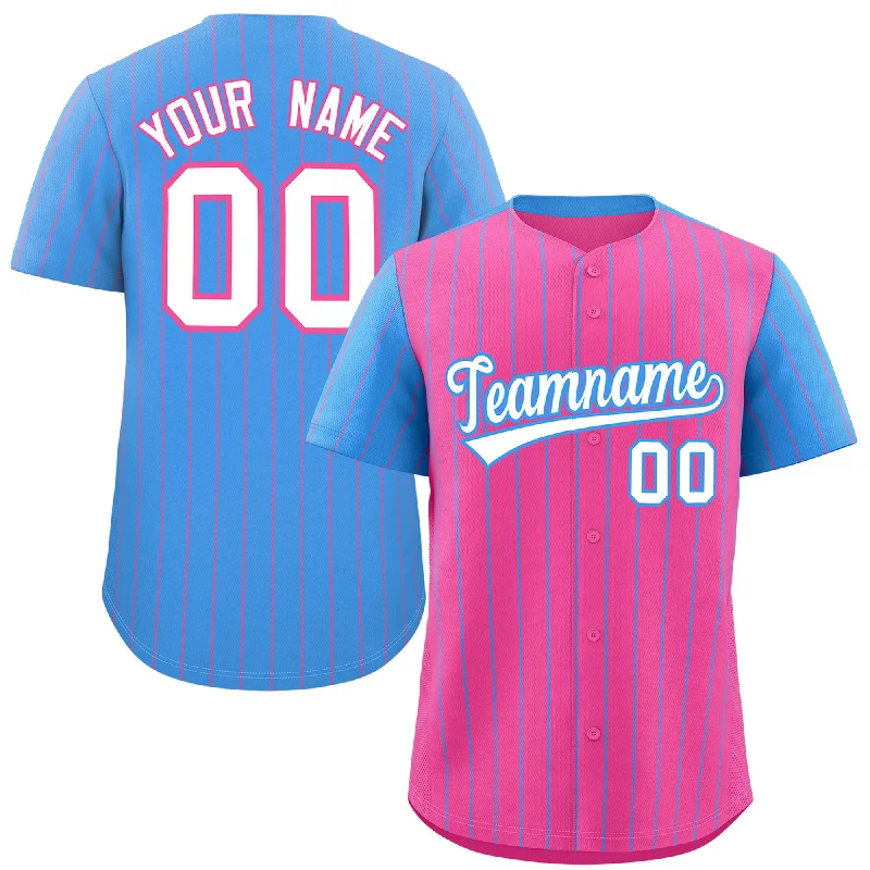 Custom Baseball Jerseys With Player Photos-Custom Pink Powder Blue Pinstripe Personalized Raglan Sleeves Authentic Baseball Jersey