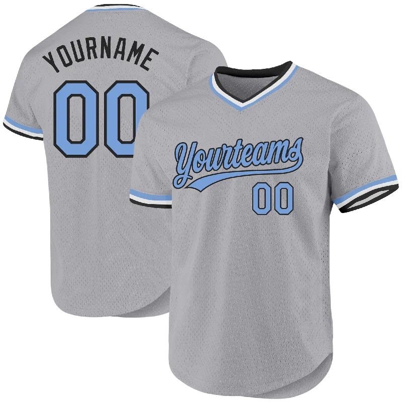 Custom Baseball Jerseys For Children-Custom Gray Light Blue-Black Authentic Throwback Baseball Jersey