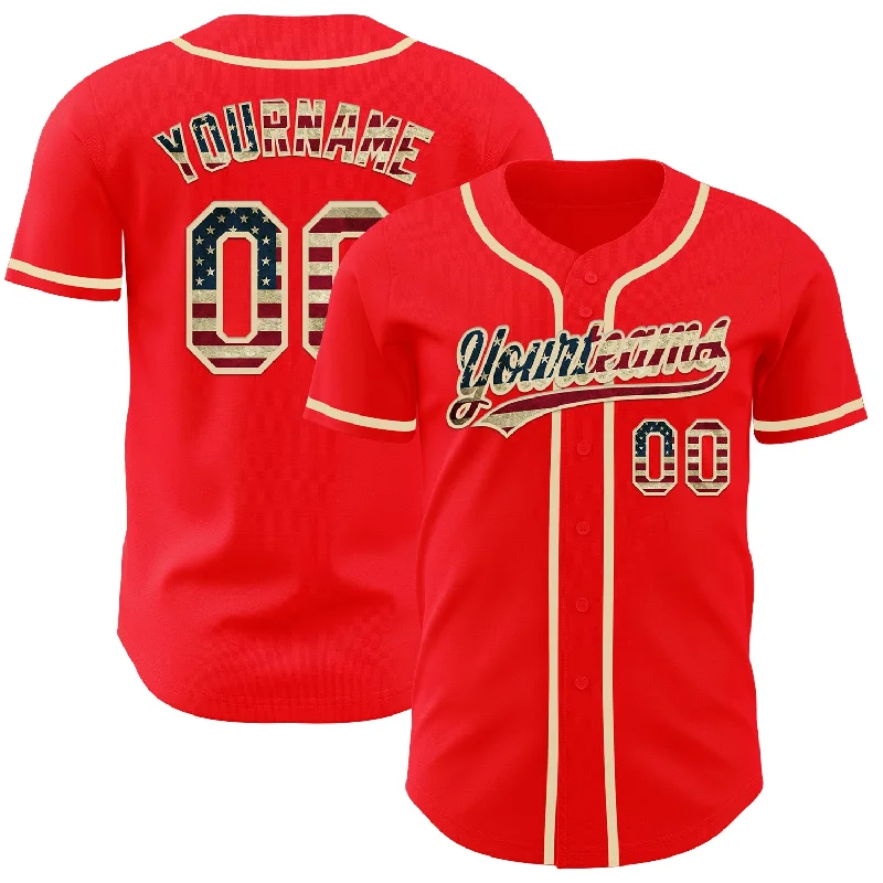 Baseball Jerseys With Custom Neck Designs-Custom Fire Red Vintage USA Flag-Cream Authentic Baseball Jersey