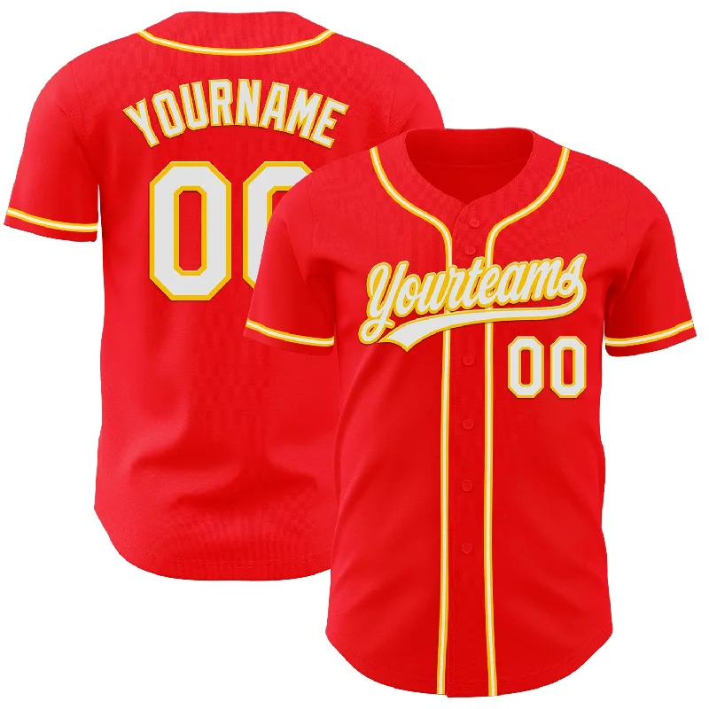 Baseball Jerseys With Stylish Patterns-Custom Fire Red White-Yellow Authentic Baseball Jersey