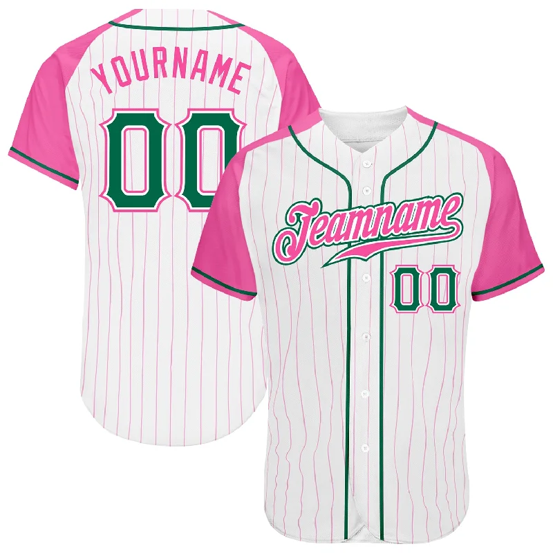 Custom Baseball Jerseys For Players-Custom White Pink Pinstripe Kelly Green-Pink Authentic Raglan Sleeves Baseball Jersey