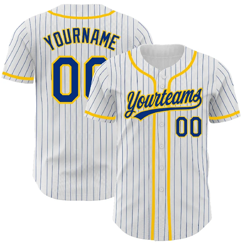 Baseball Jerseys For Adult Leagues-Custom White Royal Pinstripe Royal-Yellow Authentic Baseball Jersey