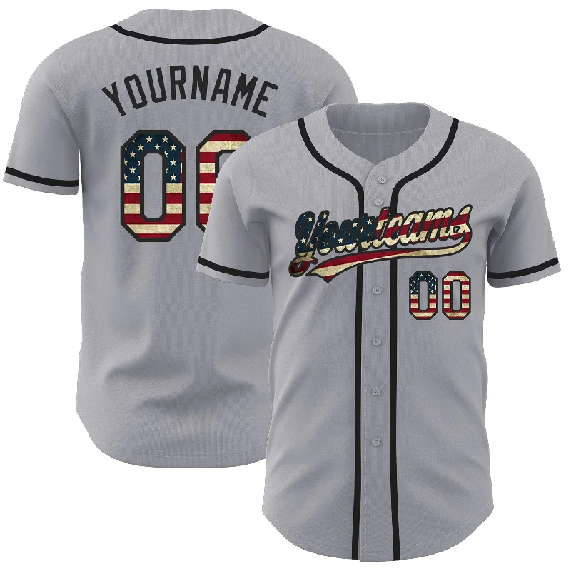 Custom Baseball Jerseys For Summer Leagues-Custom Gray Vintage USA Flag-Black Authentic Baseball Jersey