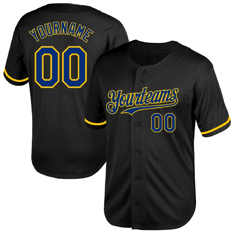 Baseball Jerseys For Teams-Custom Black Royal-Yellow Mesh Authentic Throwback Baseball Jersey