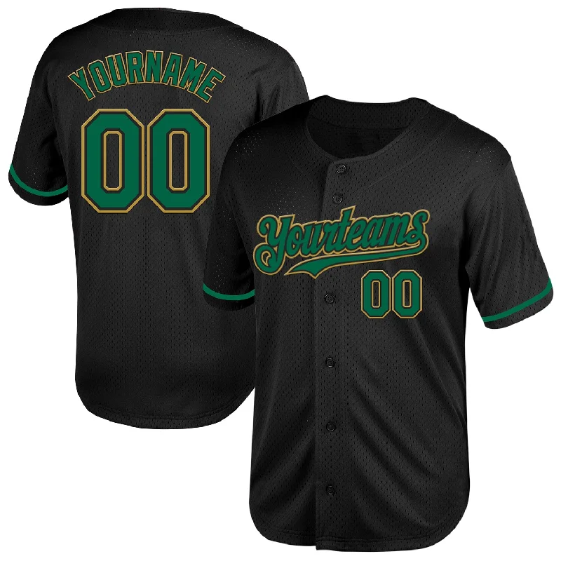 Custom Team Baseball Jerseys-Custom Black Kelly Green-Old Gold Mesh Authentic Throwback Baseball Jersey