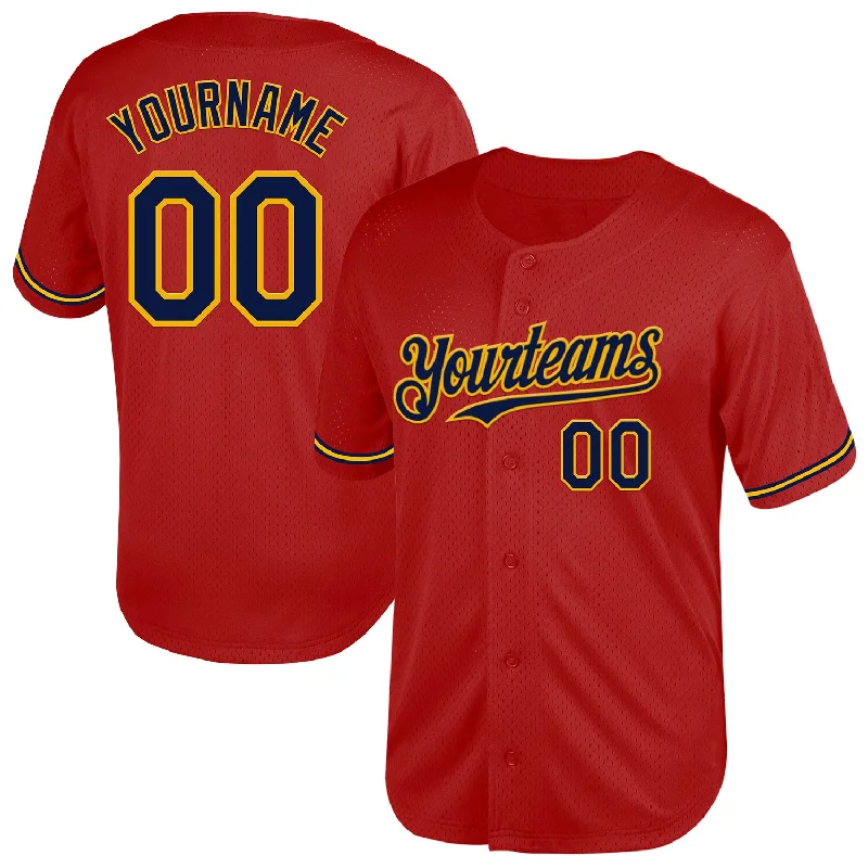 Baseball Jerseys With Custom Patches-Custom Red Navy-Gold Mesh Authentic Throwback Baseball Jersey