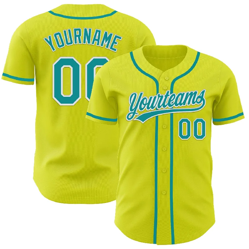 Custom Baseball Jerseys With Team Colors-Custom Neon Yellow Teal-White Authentic Baseball Jersey