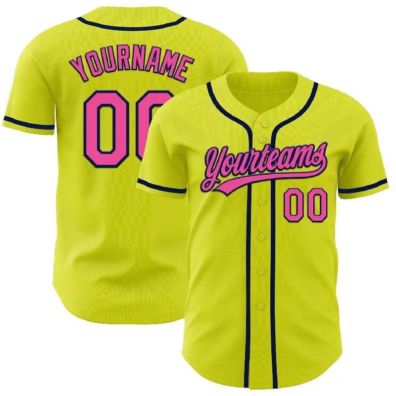 Baseball Jerseys With Custom Lettering-Custom Neon Yellow Pink-Navy Authentic Baseball Jersey