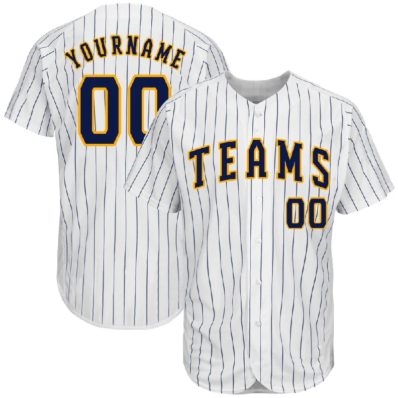 Baseball Jerseys With Custom Embroidery-Custom White Navy Pinstripe Navy-Gold Authentic Baseball Jersey