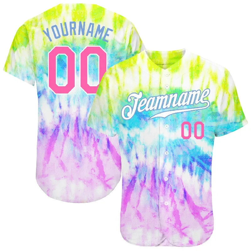 Custom Baseball Jerseys For Corporate Events-Custom Tie Dye Pink-Light Blue 3D Rainbow Authentic Baseball Jersey