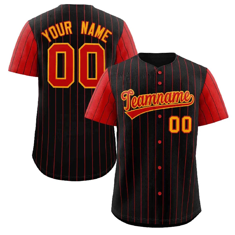 Lightweight Custom Baseball Jerseys-Custom Black Red-Yellow Stripe Fashion Raglan Sleeves Authentic Baseball Jersey