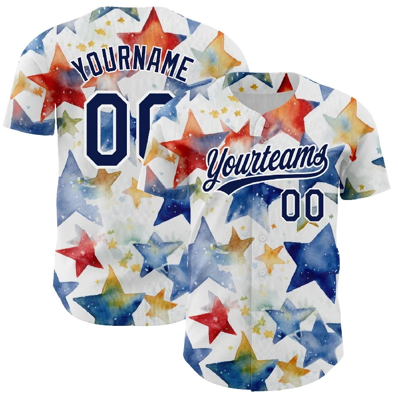 Customized Baseball Jerseys For School Teams-Custom White Navy-Red 3D Pattern Design Stars Authentic Baseball Jersey