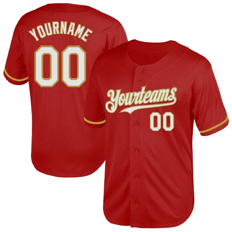 Team Baseball Jerseys For School Events-Custom Red White-Old Gold Mesh Authentic Throwback Baseball Jersey