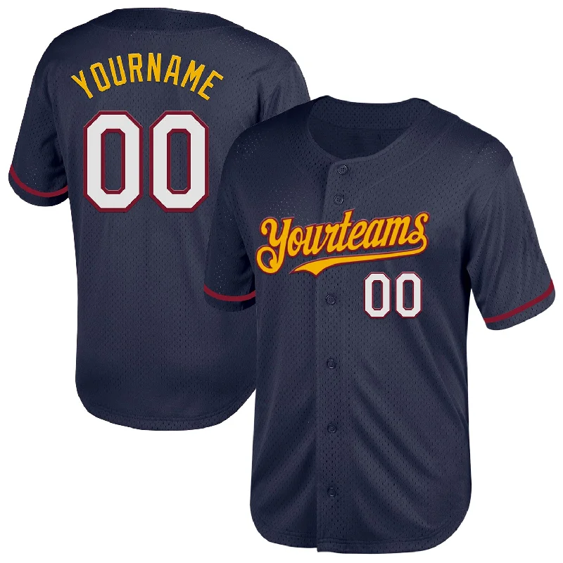 Personalized Baseball Jerseys For All Ages-Custom Navy Crimson-Gold Mesh Authentic Throwback Baseball Jersey