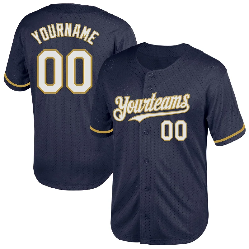 Custom Baseball Jerseys For All Occasions-Custom Navy White-Old Gold Mesh Authentic Throwback Baseball Jersey