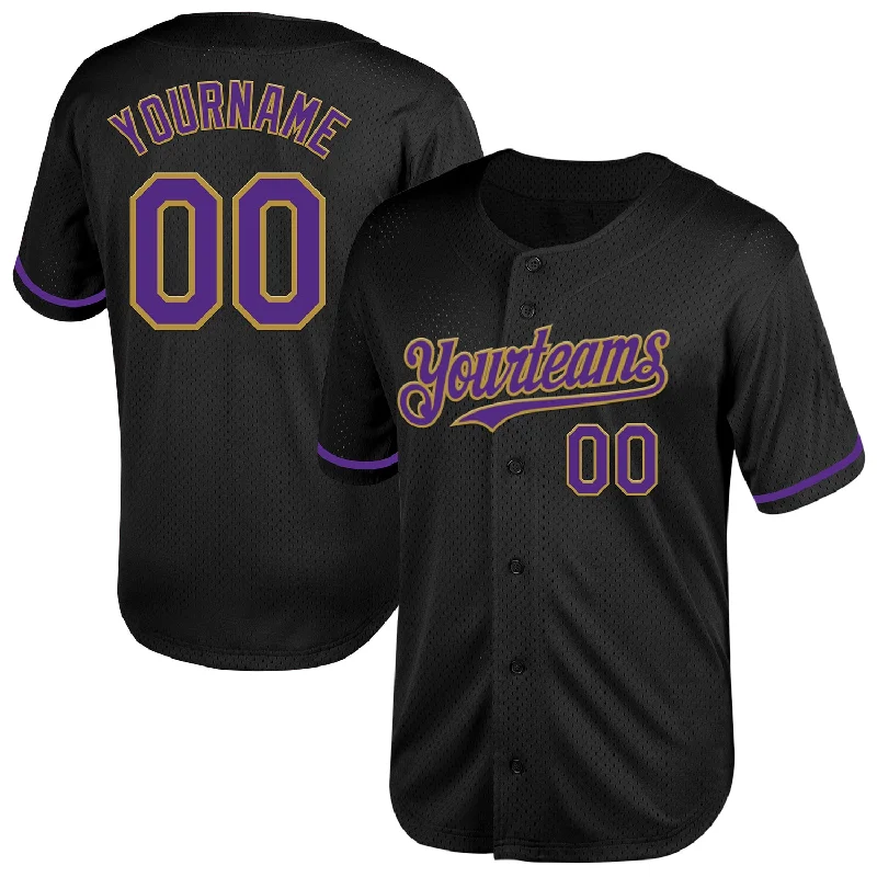 Custom Baseball Jerseys For Family Reunions-Custom Black Purple-Old Gold Mesh Authentic Throwback Baseball Jersey