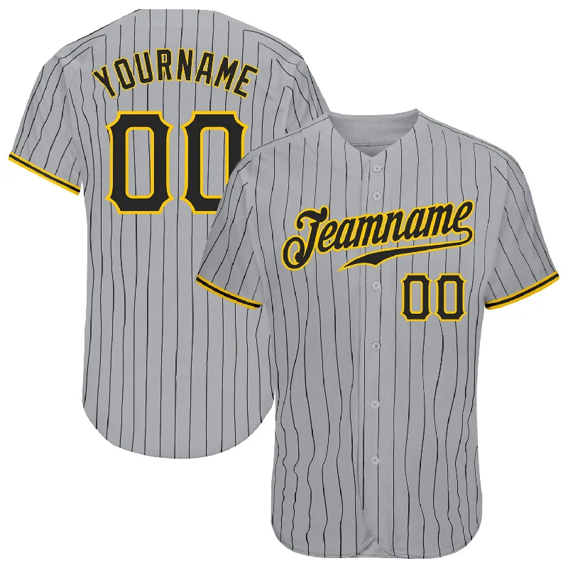 Custom Baseball Jerseys For Coaches-Custom Gray Black Pinstripe Black-Gold Authentic Baseball Jersey