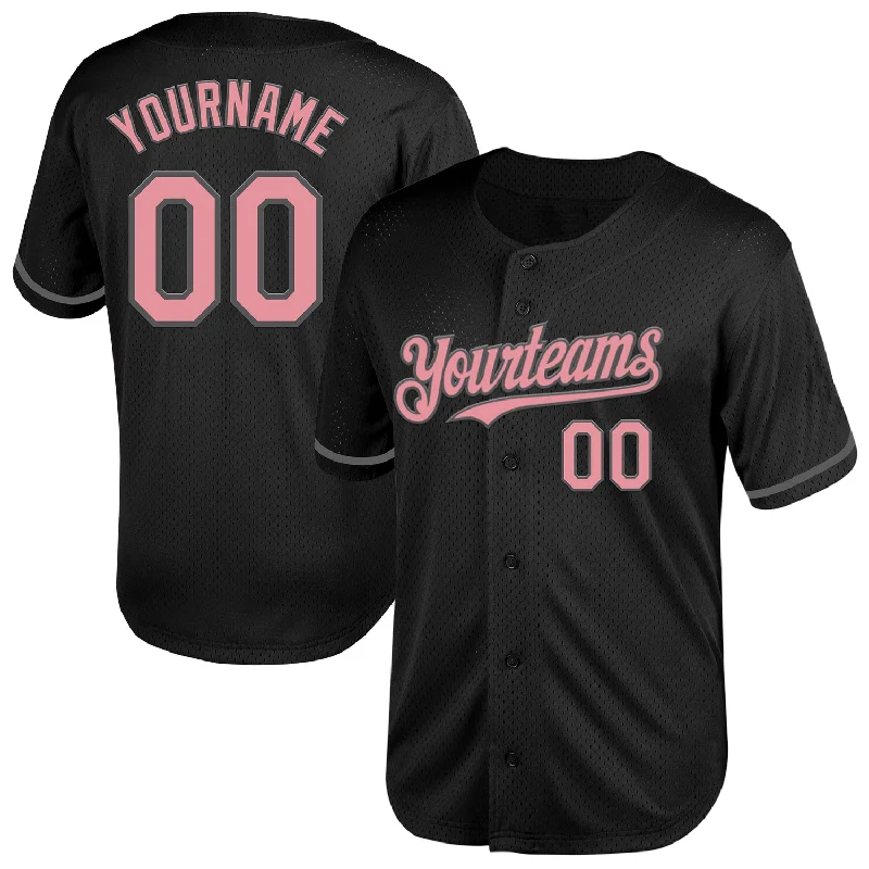 Baseball Jerseys With Player Numbers-Custom Black Medium Pink-Steel Gray Mesh Authentic Throwback Baseball Jersey