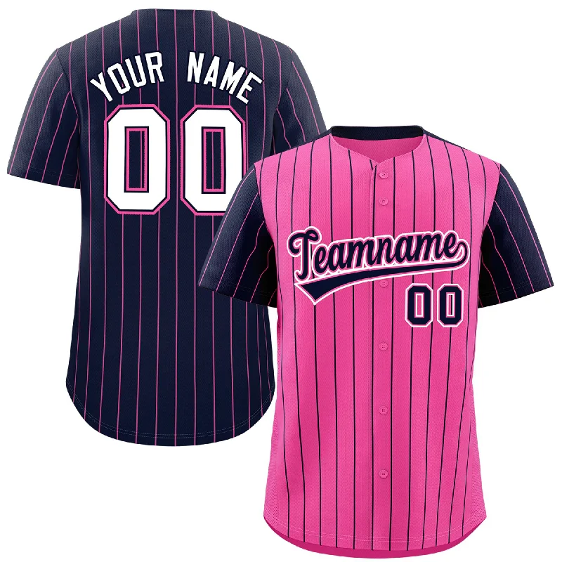 Custom Baseball Jerseys With Bold Colors-Custom Pink Navy Pinstripe Personalized Raglan Sleeves Authentic Baseball Jersey