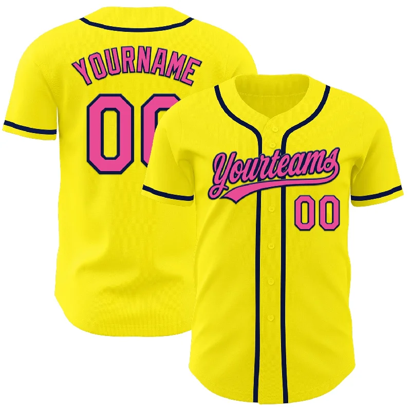 Custom Baseball Jerseys With Logos-Custom Light Yellow Pink-Navy Authentic Baseball Jersey