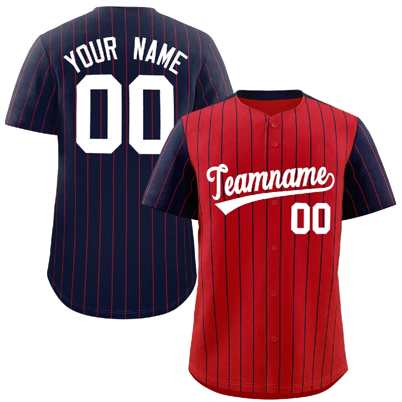 Custom Baseball Jerseys For Summer Leagues-Custom Red Navy Pinstripe Personalized Raglan Sleeves Authentic Baseball Jersey