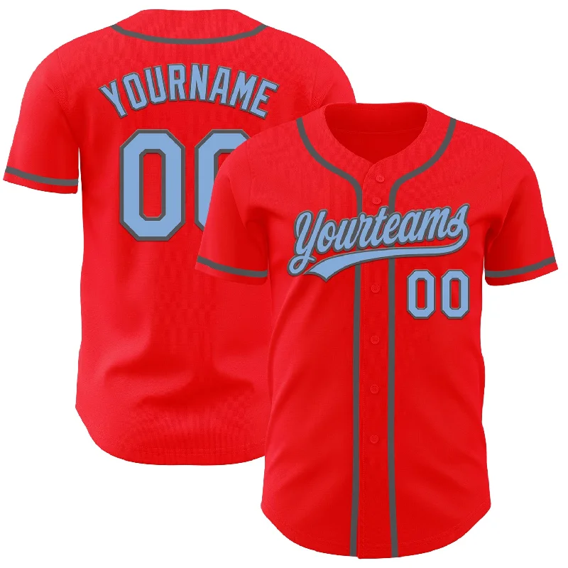 Personalized Baseball Jerseys With Custom Emblems-Custom Fire Red Light Blue-Steel Gray Authentic Baseball Jersey