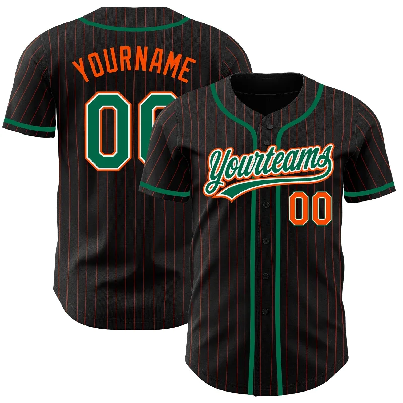 Team Baseball Jerseys With Personalized Features-Custom Black Orange Pinstripe Kelly Green-White Authentic Baseball Jersey