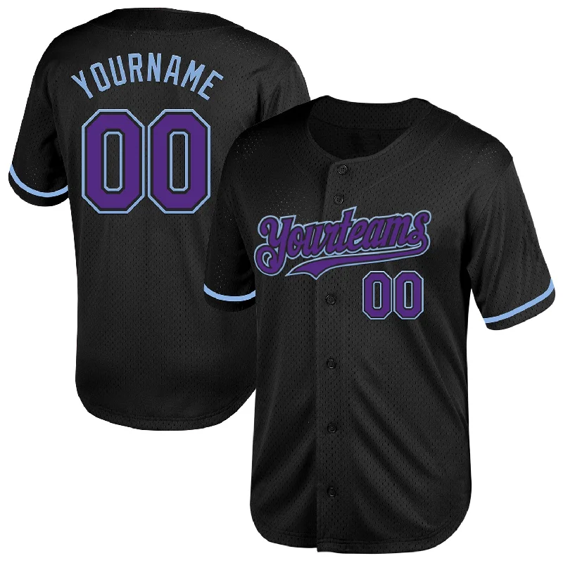 Premium Baseball Jerseys-Custom Black Purple-Light Blue Mesh Authentic Throwback Baseball Jersey