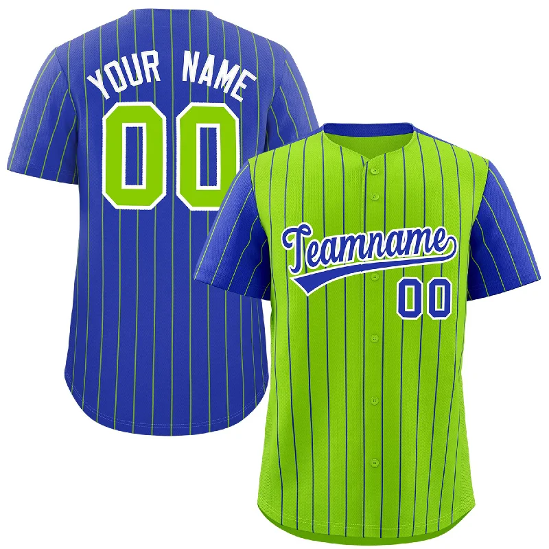 Soft Cotton Baseball Jerseys-Custom Neon Green Royal Pinstripe Personalized Raglan Sleeves Authentic Baseball Jersey