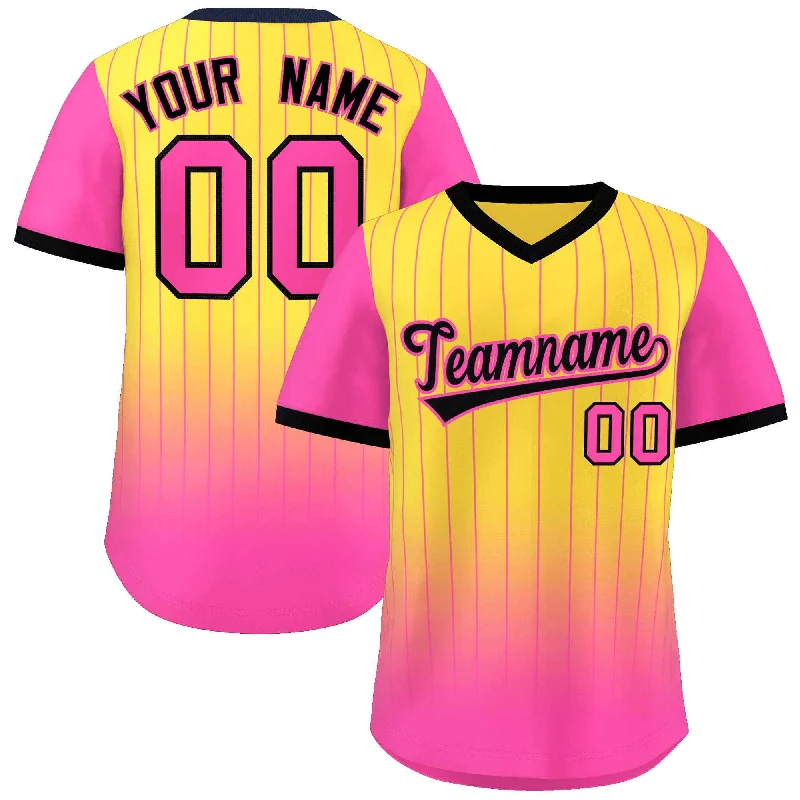 Baseball Jerseys With Team Logos-Custom Gold Pink-Black Gradient Fashion Authentic Pullover Pinstripe Baseball Jersey